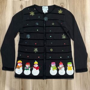 Quacker Factory Black Embroidered Snowman Zip Up Ugly Sweater Women’s Small